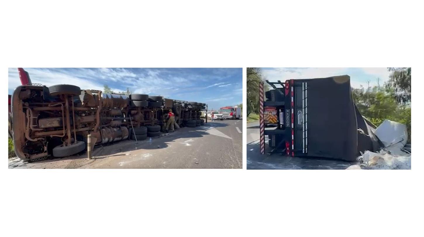 CARRETA TOMBA AO FAZER CURVA NO ENTRONCAMENTO DAS RODOVIAS PR-323 E PR-317