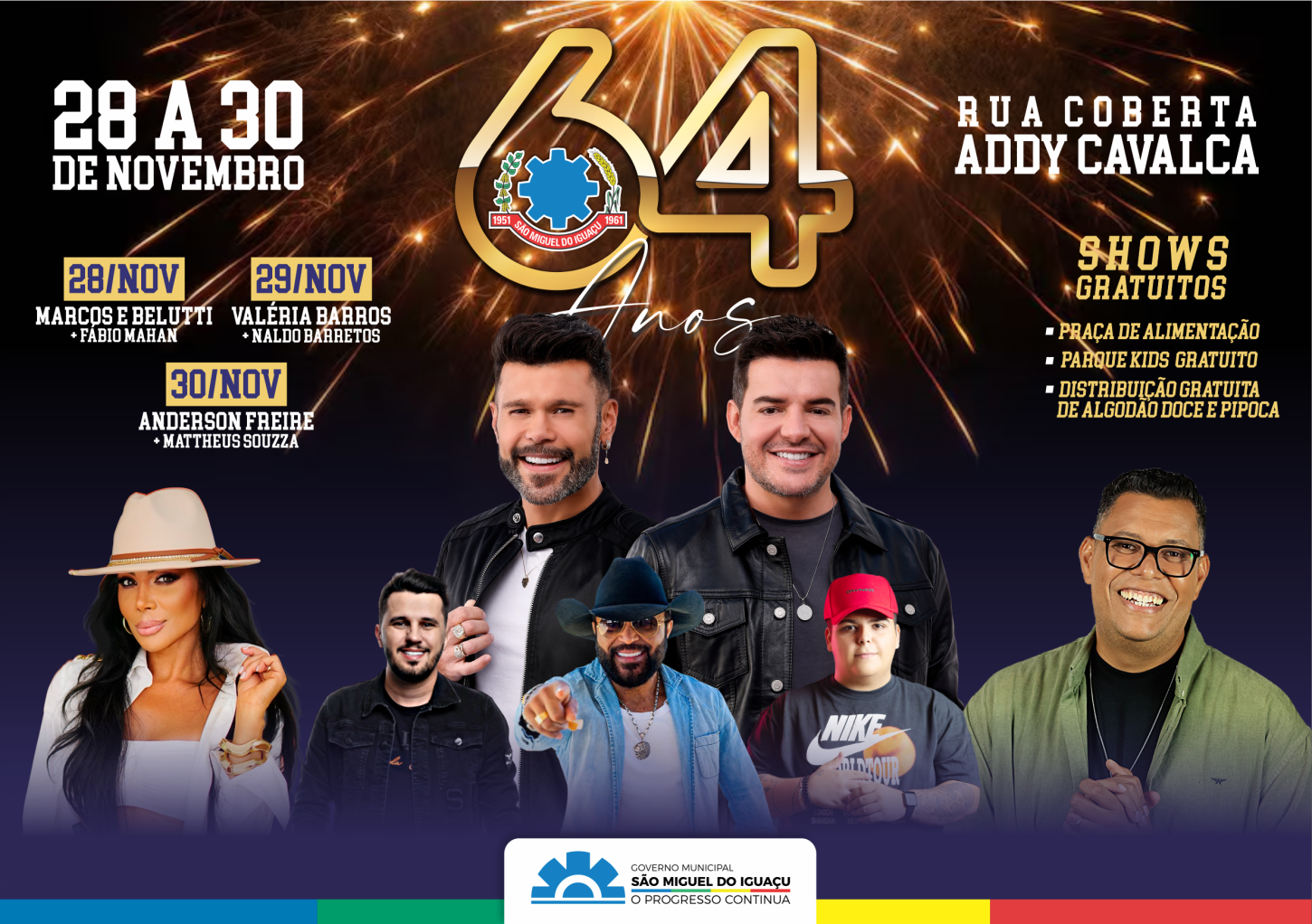 ANIVERSÁRIO DE 64 ANOS DE SÃO MIGUEL DO IGUAÇU TERÁ SHOWS COM MARCOS & BELUTTI, VALÉRIA BARROS, ANDERSON FREIRE E ATRAÇÕES GRATUITAS