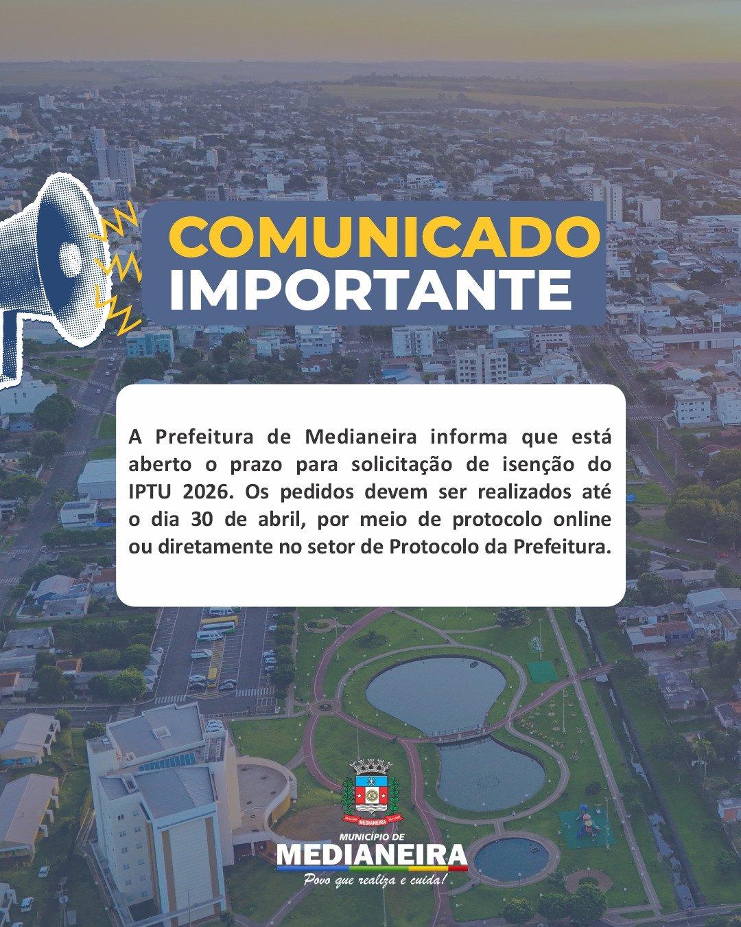 PREFEITURA DE MEDIANEIRA ABRE PRAZO PARA SOLICITAÇÃO DE ISENÇÃO DO IPTU 2026