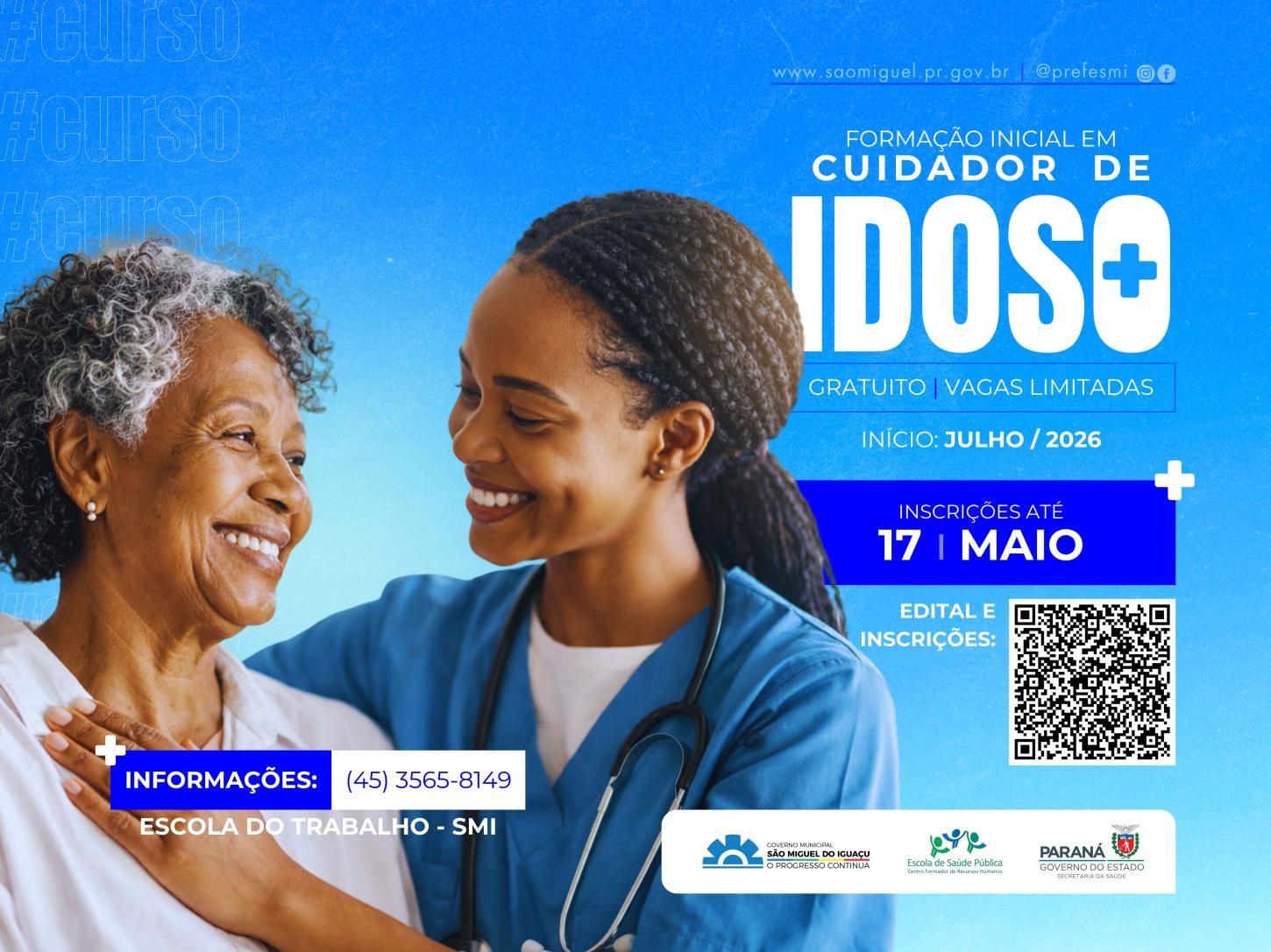 INSCRIÇÕES ABERTAS PARA CURSO GRATUITO DE CUIDADOR DE IDOSO EM SÃO MIGUEL DO IGUAÇU