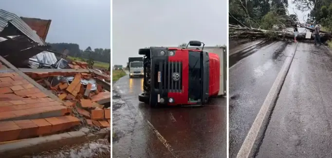 FÚRIA DO TEMPORAL: VENTOS DESTRÓEM CONSTRUÇÕES E TOMBAM CAMINHÃO NO RIO GRANDE DO SUL