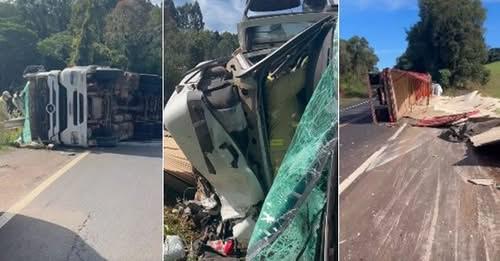 CAMINHÃO TOMBA NA BR-373 E ESPALHA CARGA DE COMPENSADOS ÀS MARGENS DA PISTA