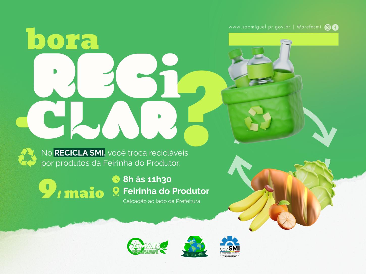 CAMPANHA RECICLA SMI ACONTECE NESTE SÁBADO COM TROCA DE RECICLÁVEIS POR VALE-FEIRA
