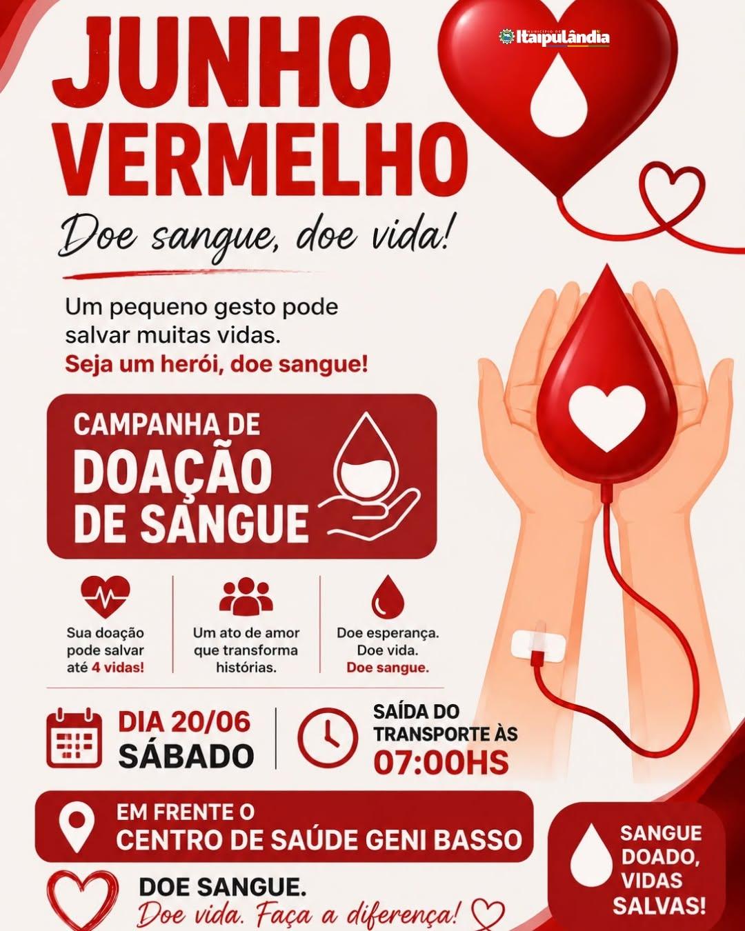 SECRETARIA DE SAÚDE DE ITAIPULÂNDIA CONVIDA POPULAÇÃO PARA CAMPANHA DE DOAÇÃO DE SANGUE
