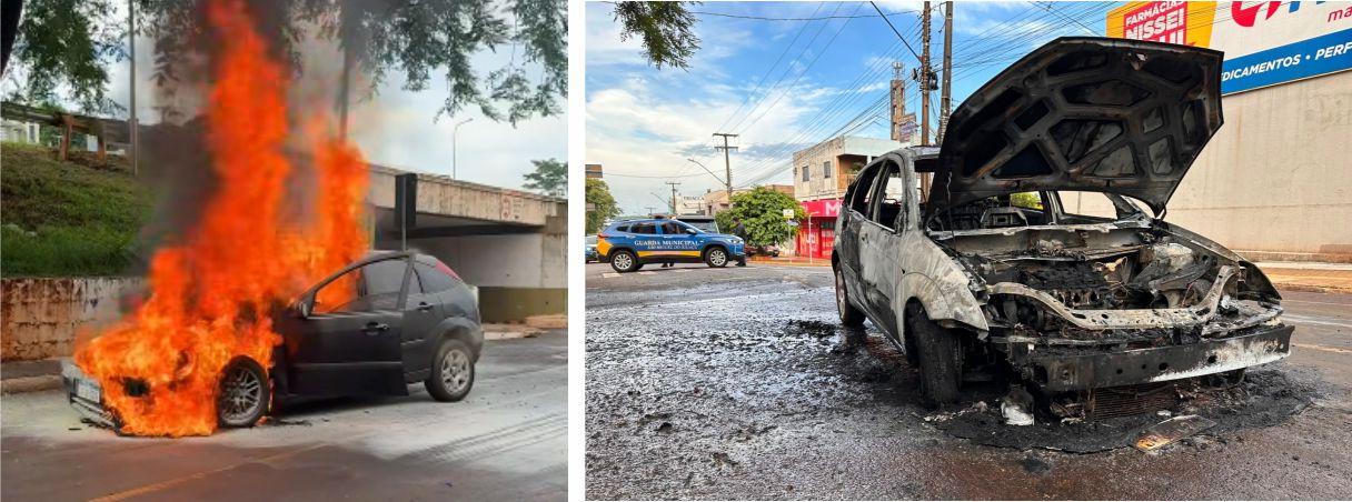 VEÍCULO FICA COMPLETAMENTE DESTRUÍDO APÓS INCÊNDIO NO CENTRO DE SÃO MIGUEL DO IGUAÇU