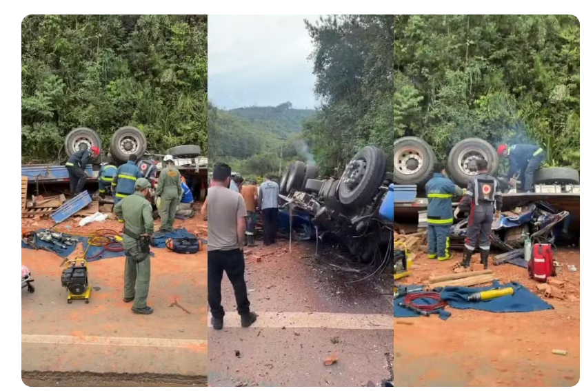 CAMINHÃO CARREGADO COM TIJOLOS TOMBA NA PR-092 E DEIXA UM MORTO E DOIS FERIDOS