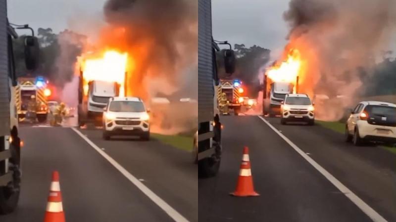 CAMINHÃO-CEGONHA PEGA FOGO NA BR-277 E INTERDITA RODOVIA EM CÉU AZUL