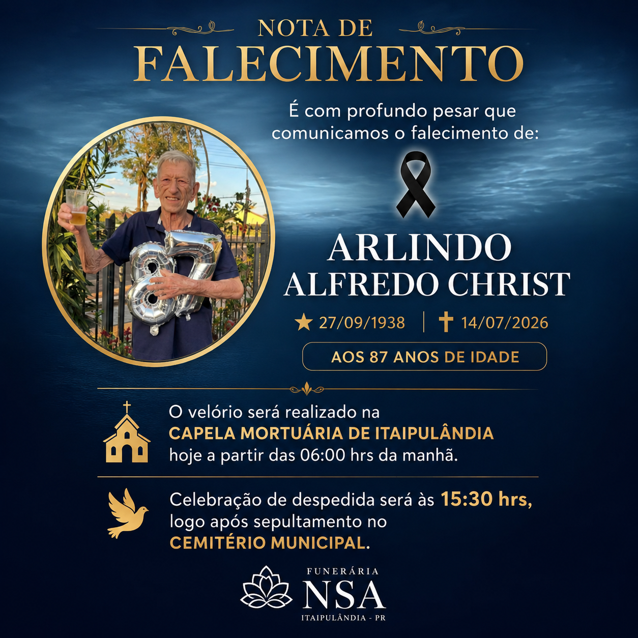 FALECE EM ITAIPULÂNDIA, AOS 87 ANOS, ARLINDO ALFREDO CHRIST