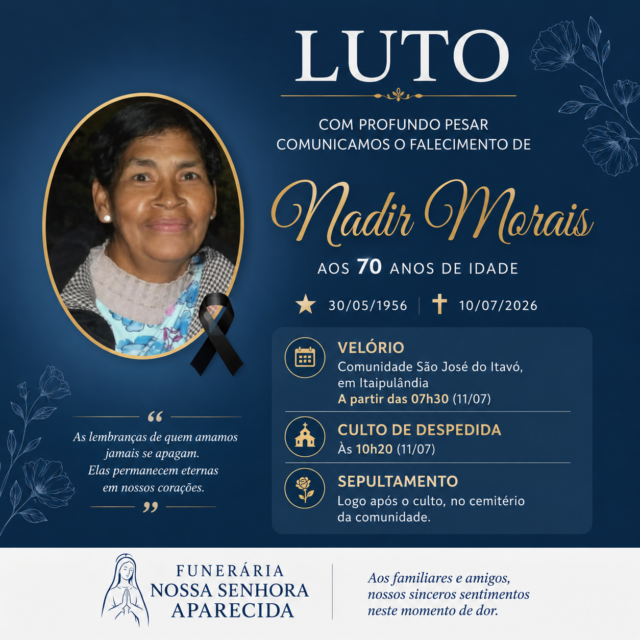 FALECE EM ITAIPULÂNDIA NADIR MORAIS, AOS 70 ANOS