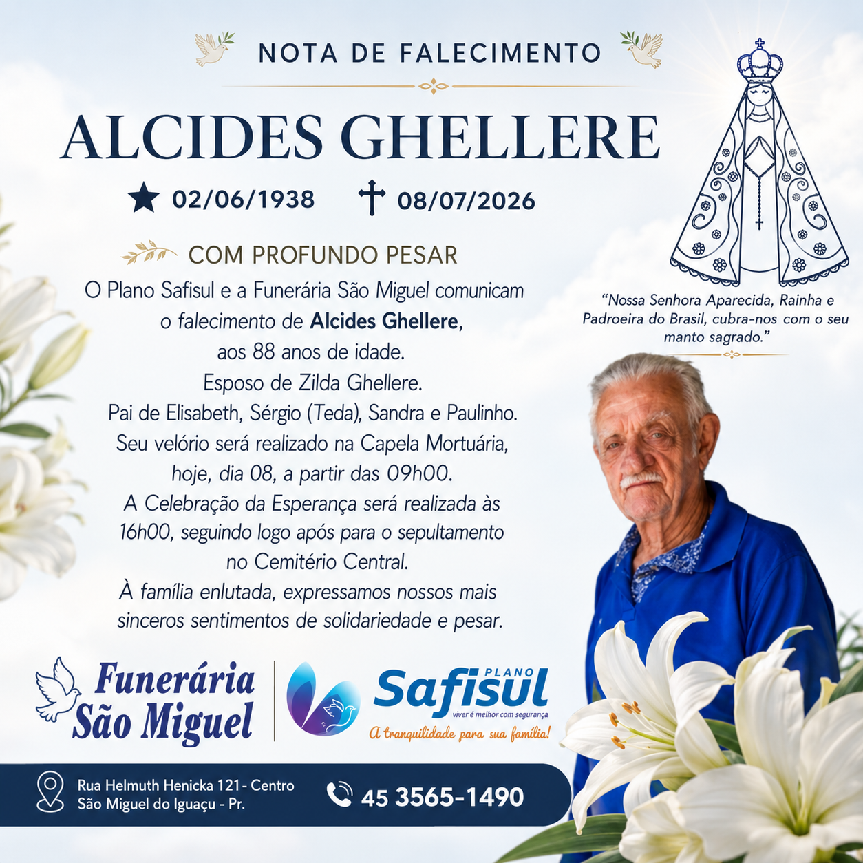SÃO MIGUEL DO IGUAÇU SE DESPEDE DE ALCIDES GHELLERE, AOS 88 ANOS