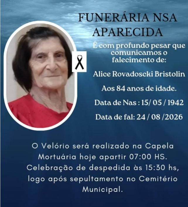 AOS 84 ANOS, FALECE ALICE ROVADOSKI BRISTOLIN, EM ITAIPULÂNDIA