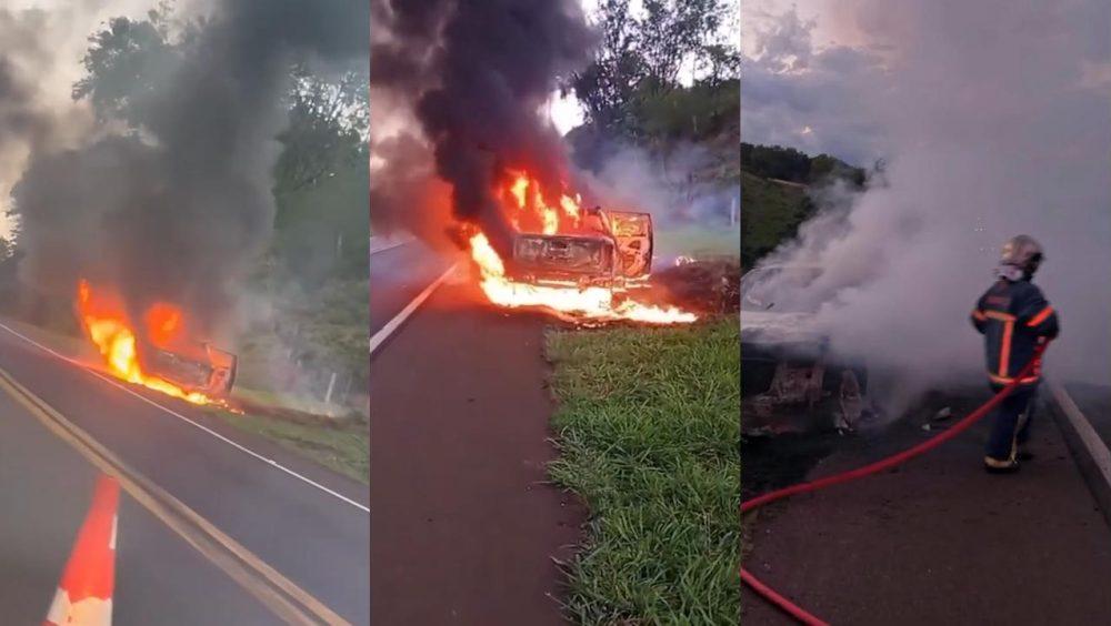 CAMINHONETE PEGA FOGO NA RODOVIA BR-163; OCUPANTES SAEM ILESOS