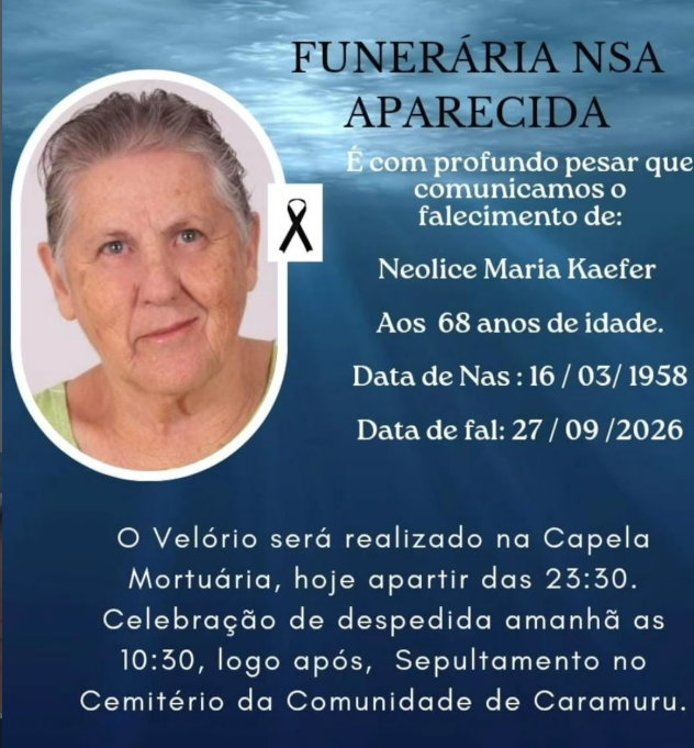 FALECE NEOLICE MARIA KAEFER, AOS 68 ANOS, EM ITAIPULÂNDIA