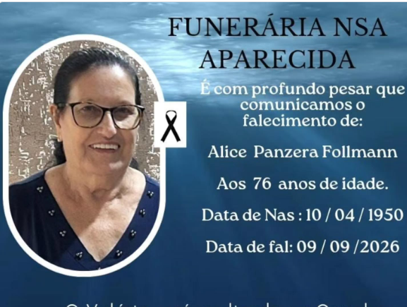 FALECE AOS 76 ANOS, EM ITAIPULÂNDIA, ALICE PANZERA FOLLMANN