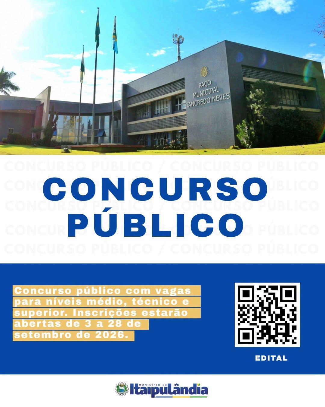 ITAIPULÂNDIA ABRE CONCURSO PÚBLICO COM VAGAS PARA NÍVEIS MÉDIO, TÉCNICO E SUPERIOR