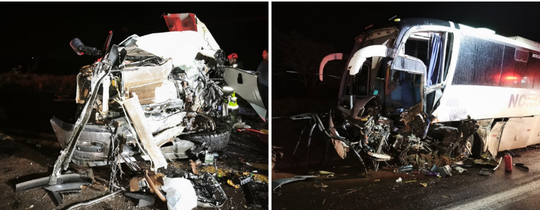 BATIDA FRONTAL ENTRE ÔNIBUS DE ESTUDANTES E DODGE RAM DEIXA DOIS FERIDOS GRAVES NA BR-376