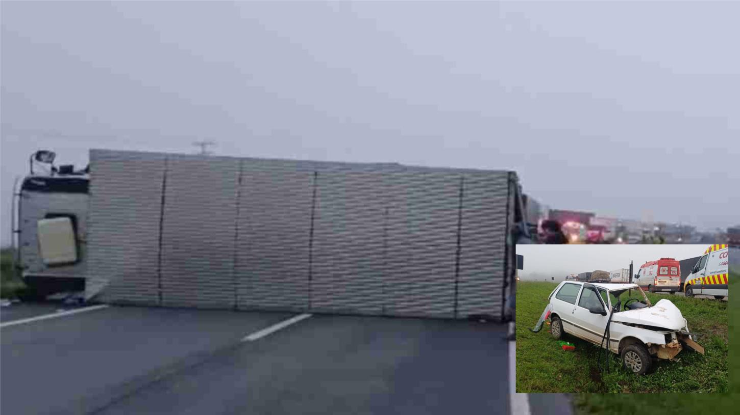 CAMINHÃO TOMBA APÓS DESVIAR DE CARRO NA CONTRAMÃO NA BR-376