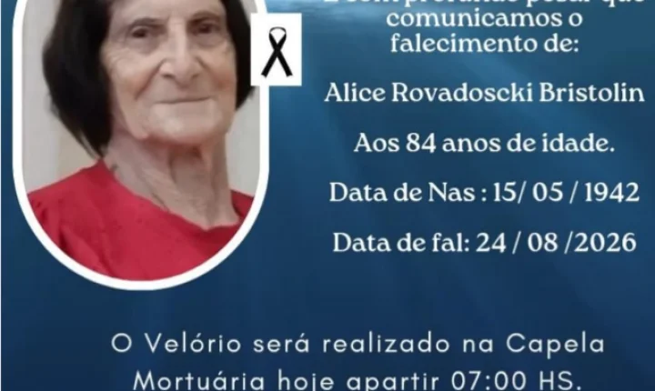AOS 84 ANOS, FALECE ALICE ROVADOSKI BRISTOLIN, EM ITAIPULÂNDIA