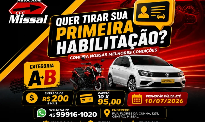AUTOESCOLA MISSAL LANÇA PROMOÇÃO ESPECIAL PARA PRIMEIRA HABILITAÇÃO NAS CATEGORIAS A E B