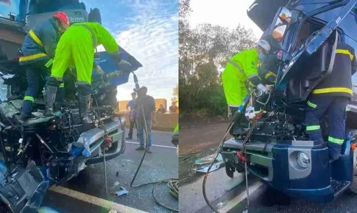 BOMBEIROS DETALHAM RESGATE DE MOTORISTA PRESO ÀS FERRAGENS APÓS GRAVE ACIDENTE NA BR-163