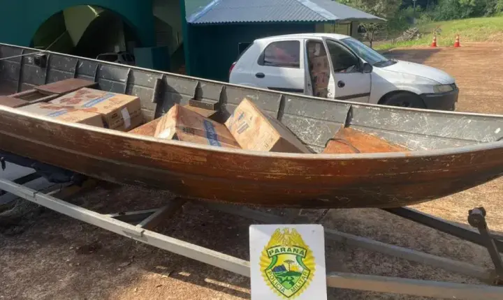 BPFRON APREENDE EMBARCAÇÃO, VEÍCULO E CIGARROS CONTRABANDEADOS EM SANTA HELENA