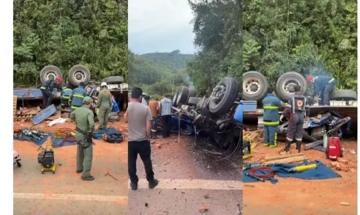 CAMINHÃO CARREGADO COM TIJOLOS TOMBA NA PR-092 E DEIXA UM MORTO E DOIS FERIDOS