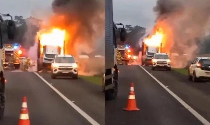 CAMINHÃO-CEGONHA PEGA FOGO NA BR-277 E INTERDITA RODOVIA EM CÉU AZUL
