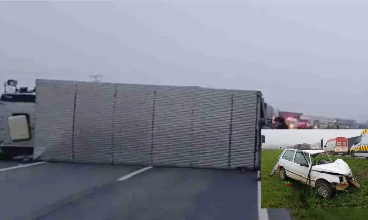 CAMINHÃO TOMBA APÓS DESVIAR DE CARRO NA CONTRAMÃO NA BR-376