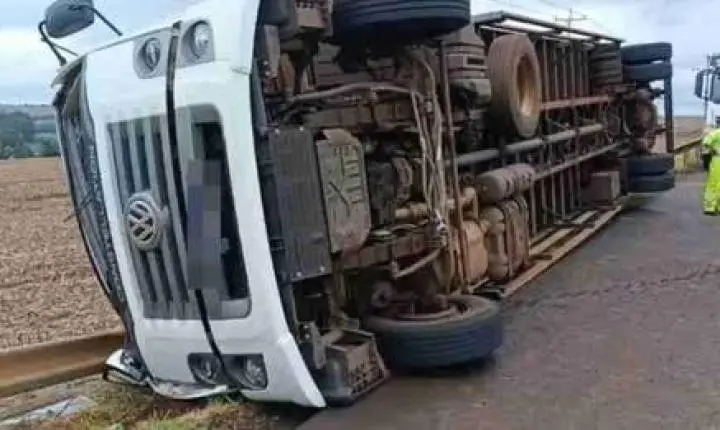 CAMINHÃO TOMBA NA BR-163 ENTRE TOLEDO E MARECHAL CÂNDIDO RONDON