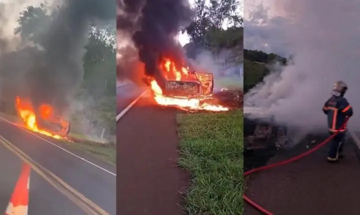CAMINHONETE PEGA FOGO NA RODOVIA BR-163; OCUPANTES SAEM ILESOS