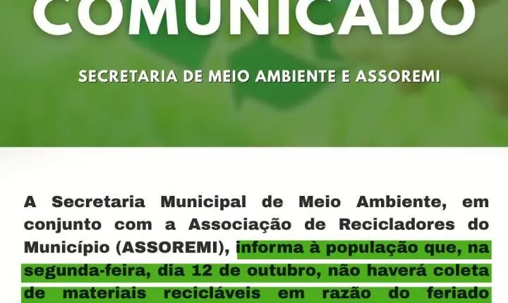 COLETA DE RECICLÁVEIS NÃO SERÁ REALIZADA EM ITAIPULÂNDIA NA SEGUNDA-FEIRA (12)