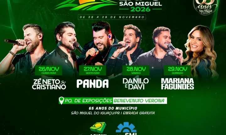 EXPO SÃO MIGUEL 2026 TERÁ QUATRO GRANDES SHOWS NACIONAIS, RODEIO E ATRAÇÕES PARA TODA A FAMÍLIA