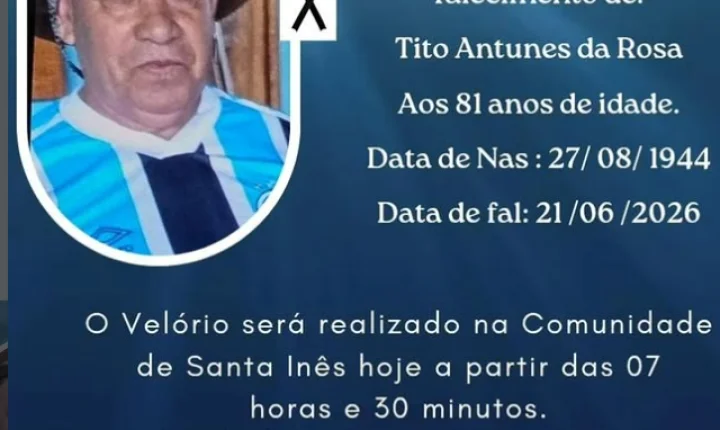 FALECE AOS 81 ANOS TITO ANTUNES DA ROSA, MORADOR DE ITAIPULÂNDIA