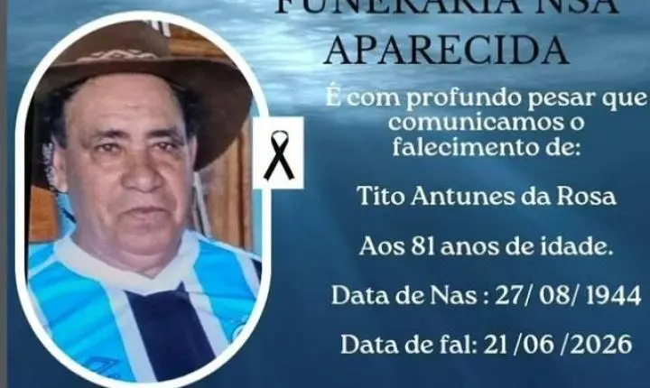 FALECE AOS 81 ANOS TITO ANTUNES DA ROSA, MORADOR DE ITAIPULÂNDIA