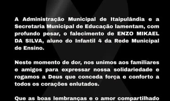 ITAIPULÂNDIA LAMENTA FALECIMENTO DE ALUNO DA REDE MUNICIPAL DE ENSINO