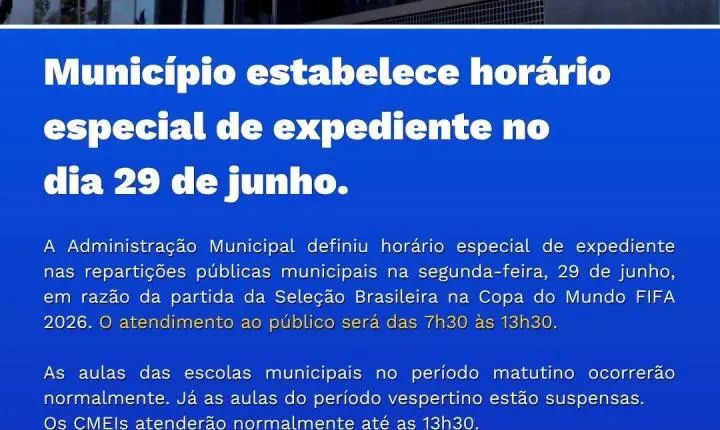 ITAIPULÂNDIA TERÁ HORÁRIO ESPECIAL DE EXPEDIENTE NESTA SEGUNDA-FEIRA (29)