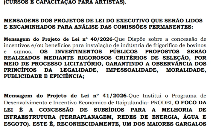 SESSÃO DA CÂMARA APROVA PROJETOS E INICIA ANÁLISE DE INCENTIVOS À INSTALAÇÃO DE INDÚSTRIAS EM ITAIPULÂNDIA