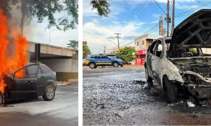 VEÍCULO FICA COMPLETAMENTE DESTRUÍDO APÓS INCÊNDIO NO CENTRO DE SÃO MIGUEL DO IGUAÇU