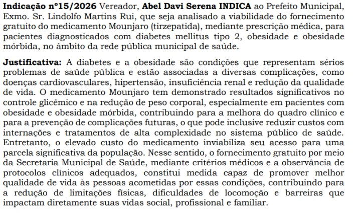 VEREADOR ABEL SERENA DE ITAIPULÂNDIA PROPÕE FORNECIMENTO GRATUITO DE MOUNJARO NA REDE PÚBLICA MUNICIPAL