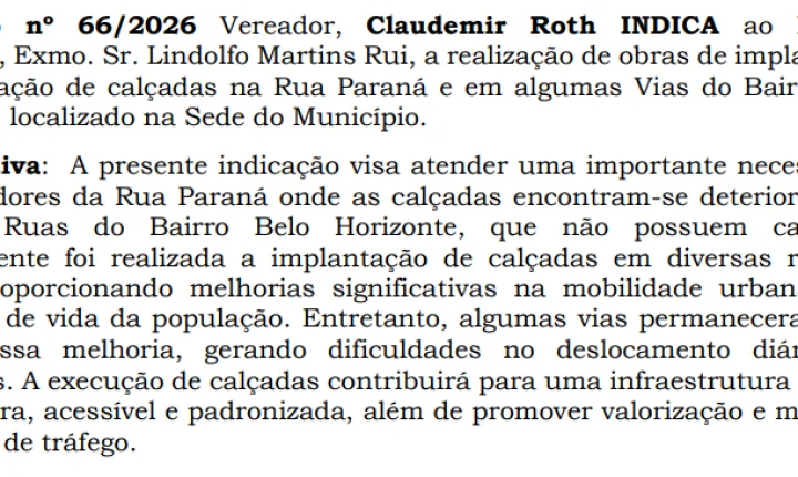 VEREADOR CLAUDEMIR ROTH PEDE IMPLANTAÇÃO E REVITALIZAÇÃO DE CALÇADAS EM ITAIPULÂNDIA