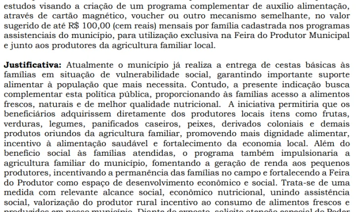 VEREADOR DE ITAIPULÂNDIA, ANDRÉ ROYER PROPÕE QUE AUXÍLIO PARA FAMÍLIAS DE BAIXA RENDA TENHA PARTE DESTINADA À COMPRA DE ALIMENTOS NA FEIRA DO PRODUTOR E AGRICULTURA FAMILIAR