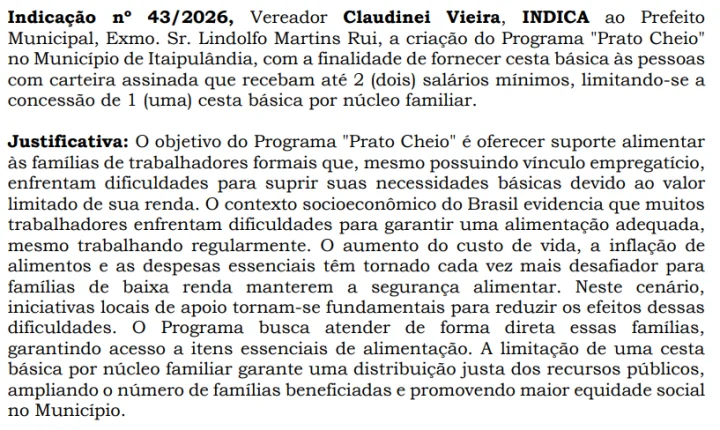 VEREADOR NEI BOIADEIRO, DE ITAIPULÂNDIA, APRESENTA PROPOSTA DE CESTA BÁSICA PARA TRABALHADORES REGISTRADOS COM RENDA FAMILIAR DE ATÉ DOIS SALÁRIOS MÍNIMOS