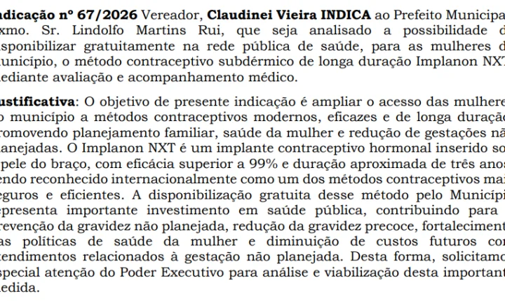 VEREADOR NEI BOIADEIRO PEDE A IMPLANTAÇÃO DE NOVO MÉTODO CONTRACEPTIVO GRATUITO NA REDE PÚBLICA DE ITAIPULÂNDIA