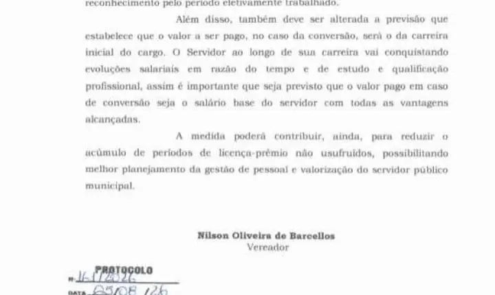 VEREADOR NILSINHO PROPÕE CONVERSÃO DA LICENÇA-PRÊMIO EM DINHEIRO PARA SERVIDORES DE ITAIPULÂNDIA
