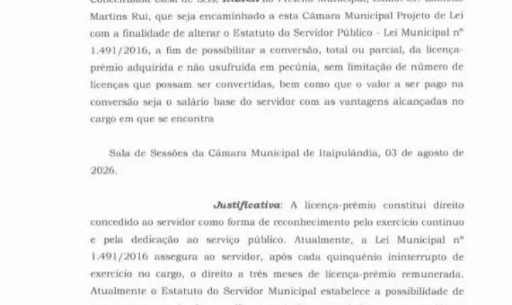 VEREADOR NILSINHO PROPÕE CONVERSÃO DA LICENÇA-PRÊMIO EM DINHEIRO PARA SERVIDORES DE ITAIPULÂNDIA