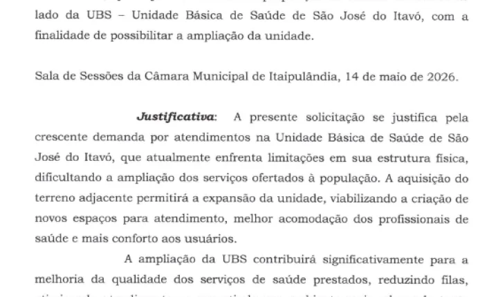    VEREADOR WELLINGTON GOMES PROPÕE AMPLIAÇÃO DA UBS DE SÃO JOSÉ DO ITAVÓ EM ITAIPULÂNDIA
