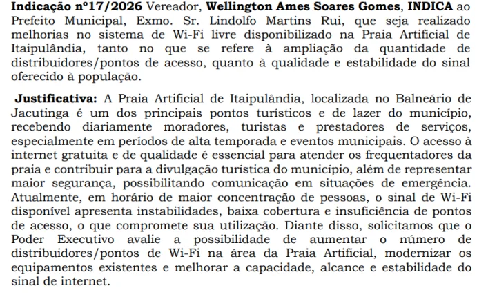 VEREADOR WELLINGTON PEDE MELHORIAS NO WI-FI DA PRAIA ARTIFICIAL DE ITAIPULÂNDIA