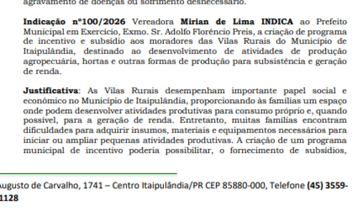 VEREADORA MIRIAN DE LIMA PROPÕE APOIO A PACIENTES EM ATENDIMENTOS URGENTES DE SAÚDE E INCENTIVO À PRODUÇÃO NAS VILAS RURAIS DE ITAIPULÂNDIA
