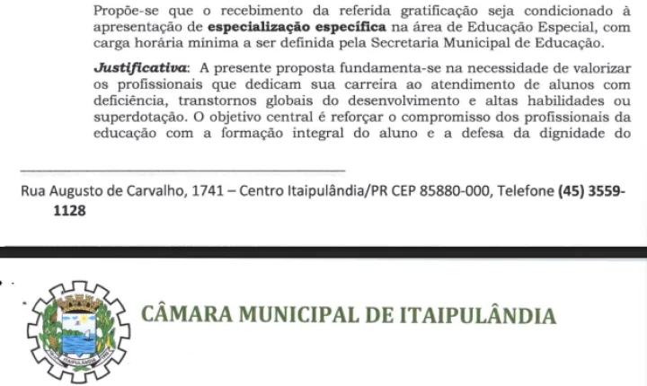 VEREADORES DE ITAIPULÂNDIA PROPÕEM GRATIFICAÇÃO PARA PROFESSORES QUE ATUAM NA EDUCAÇÃO ESPECIAL